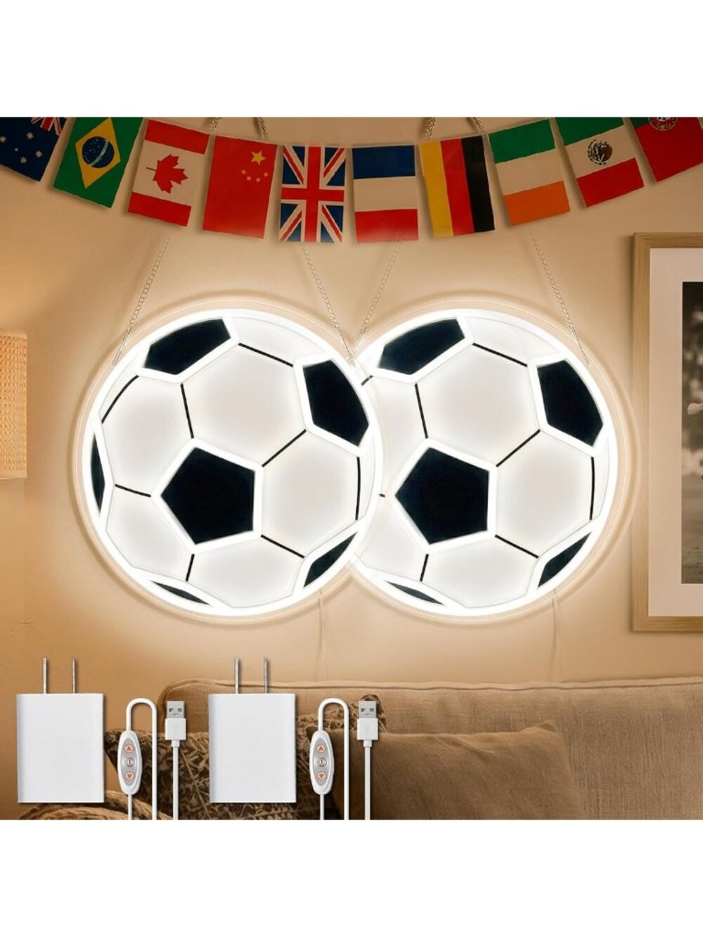 Neon Soccer LED Sign for Room Decor, Dimmable Eco-Friendly Light, 2 Pack